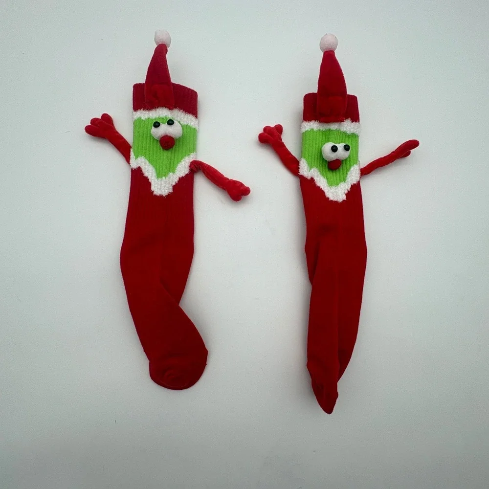 Christmas Monster‎ 3D Novelty Crew Socks Red Green Santa Hat Plush Arms Pair